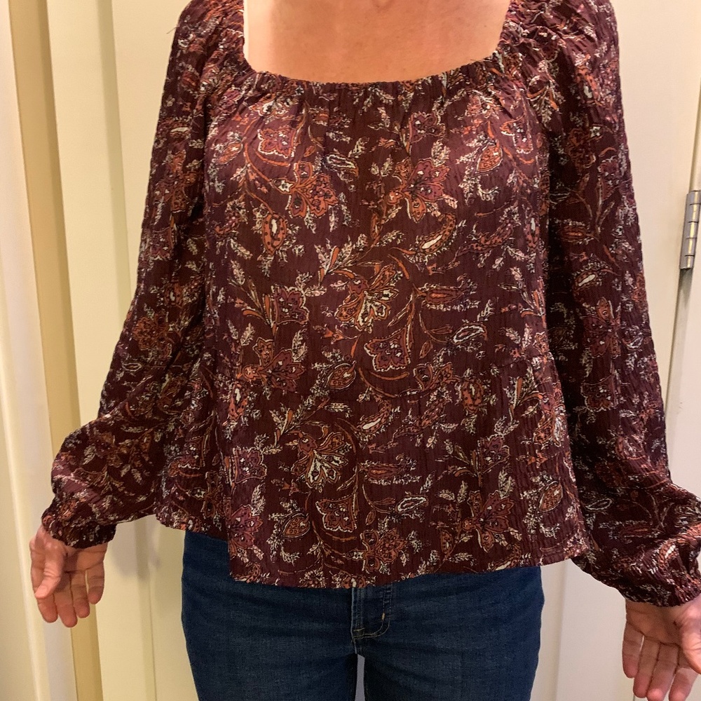 Loft XS  burgundy print long sleeve blouse